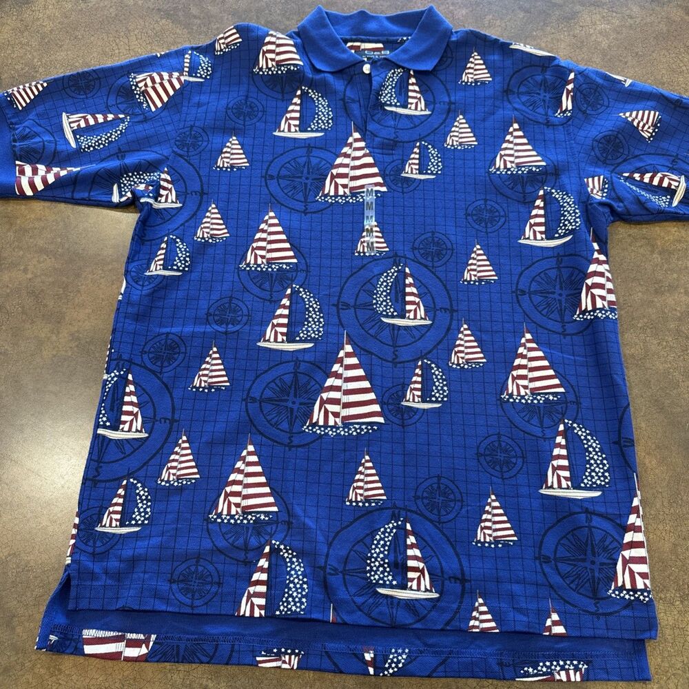 C & B SPORT Croft & Barrow Red White Blue Polo Shirt Sailboat Patriotic Md NEW